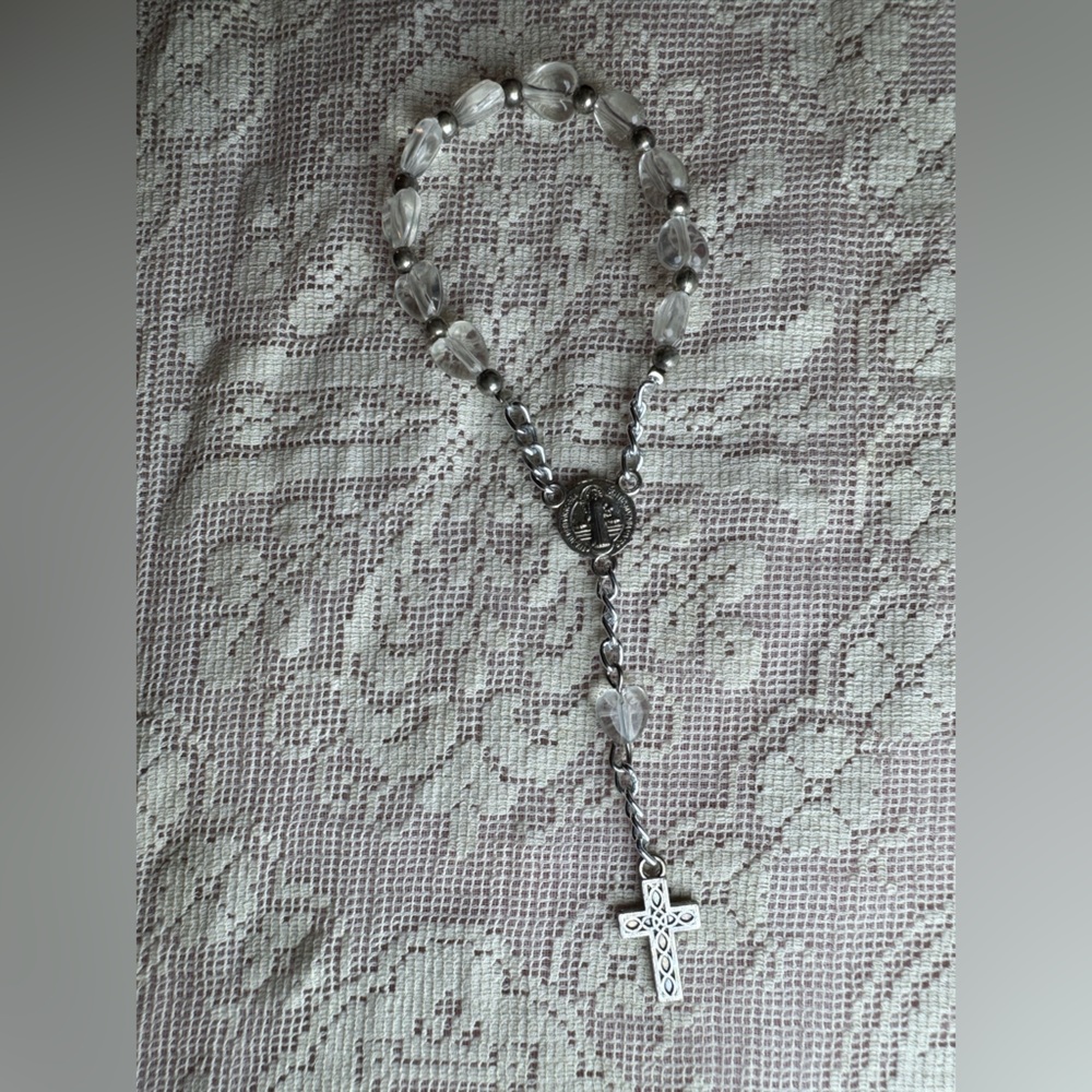 Saint Benedict Finger Rosary Medal Heart Beads Catholic Vintage Baptism Chaplet - Picture 3 of 6